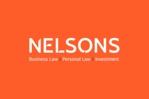 Nelsons Solicitors logo, white capital letters on a bright orange background